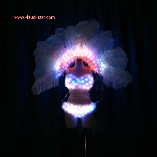 Led bra and pant with led ostrich feather backpack